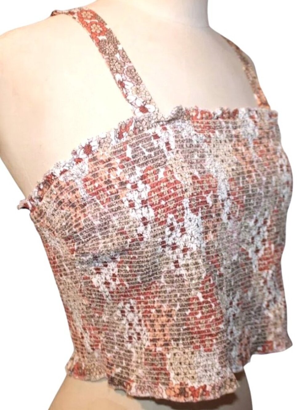 Japna Floral Smocked Crop Top L Large Orange Terracotta Boho Cami Tank Blouse - Picture 3 of 7